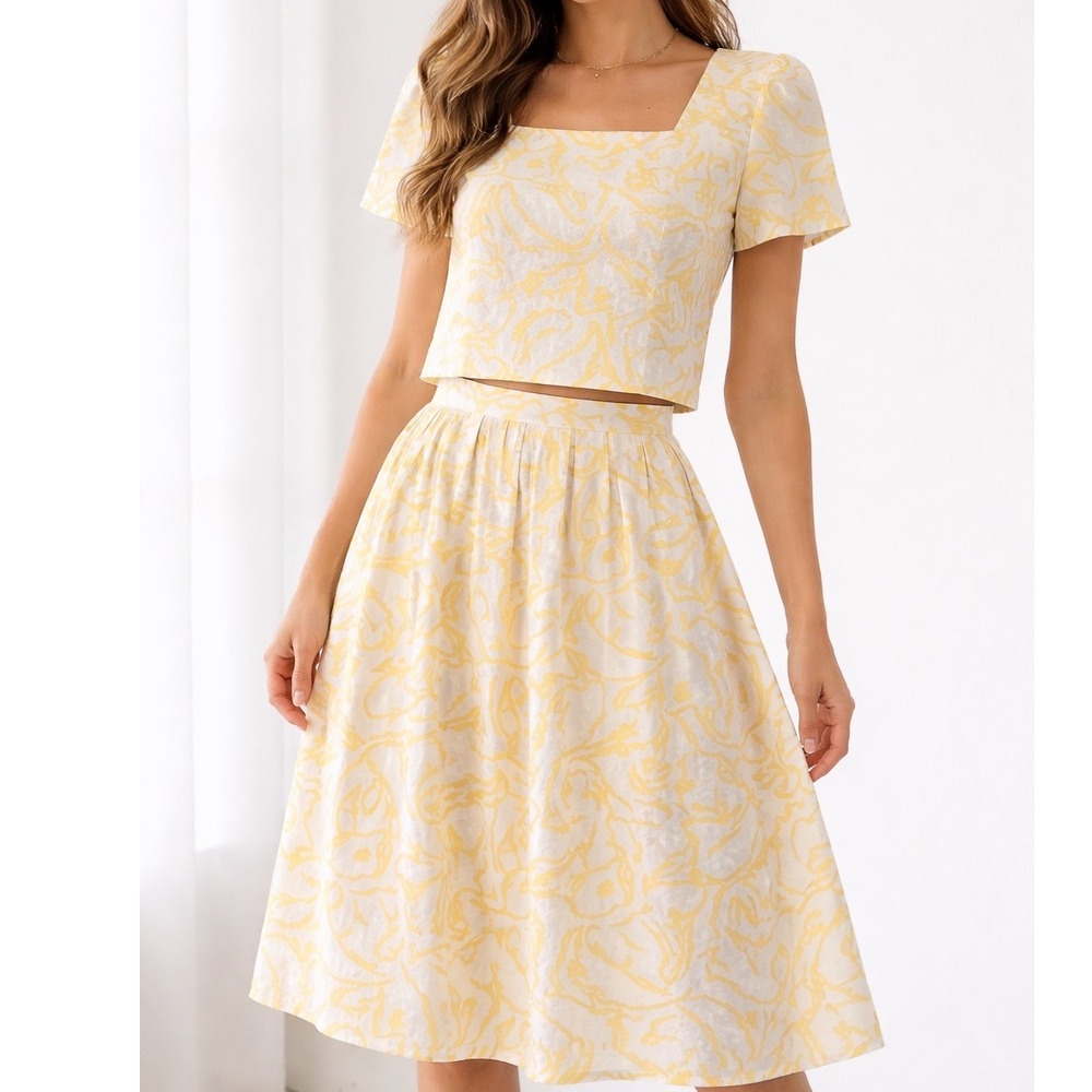 Vintage J. Gallery Yellow White Abstract Print‎ 2 Piece Skirt Set Size 9/10 e3